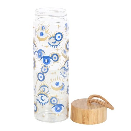 Contemporary All Seeing Eye Reusable Glass Water Bottle with metallic gold details for good luck and protection.