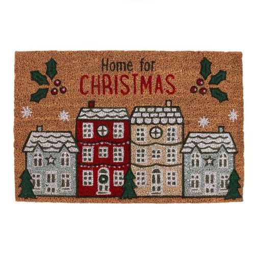 Natural Home For Christmas Doormat with festive village design, perfect for welcoming guests this holiday season.