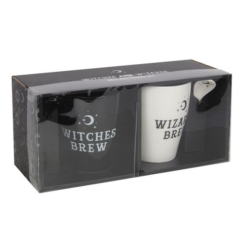 Witch and Wizard Couples Mug and Spoon Set featuring 'Witches Brew' and 'Wizards Brew' designs, perfect for gifting.