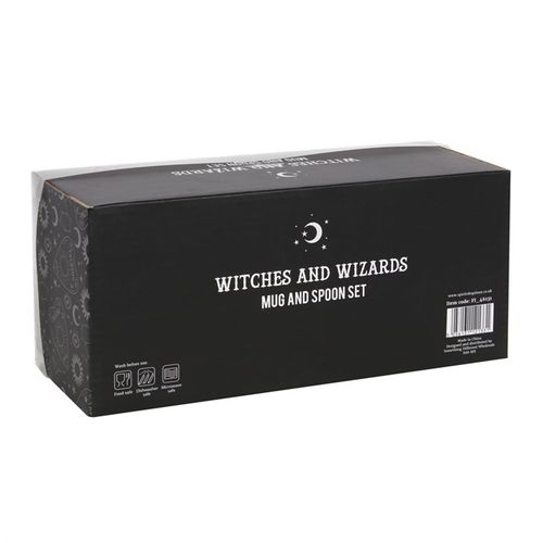 Witch and Wizard Couples Mug and Spoon Set in a stylish black box, perfect for magical gifting.