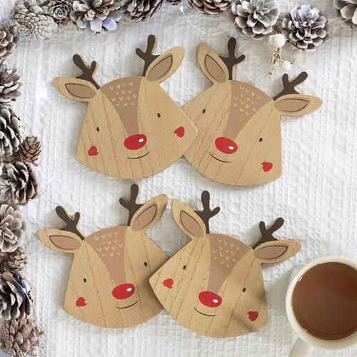 Festive Set of 4 Reindeer Coasters, perfect for holiday gatherings and adding cheer to your home.