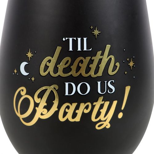 Til Death Do Us Party Stemless Wine Glass in black and gold, featuring a playful skeleton design for celebrations.