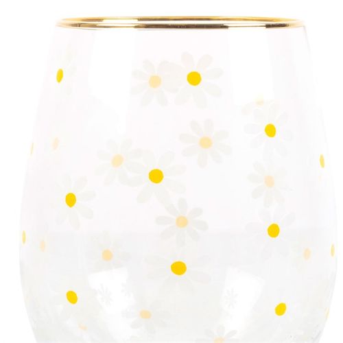 Cheerful All Over Daisy Print Stemless Wine Glass with gold-tone rim, perfect for spring gatherings and gifts.
