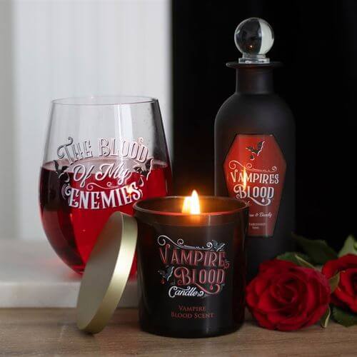 Blood Of My Enemies Stemless Wine Glass showcases gothic bat designs, perfect for enjoying red wine with dark humour.