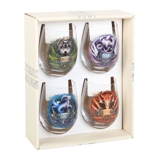 Set of 4 Elemental Stemless Wine Glasses by Anne Stokes, showcasing intricate designs of Earth, Air, Water, and Fire.