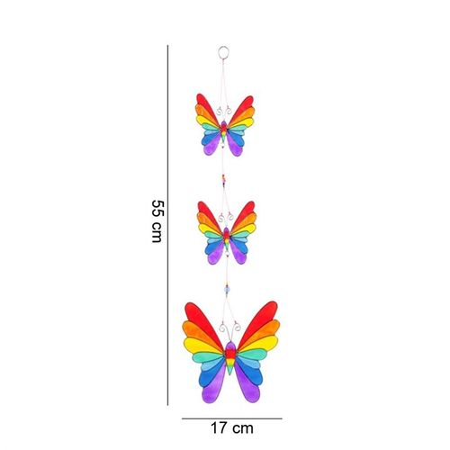Brightly coloured String Of Butterflies sun catcher with three butterflies, ethically sourced, dimensions H54cm x W15.5cm.