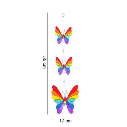 Brightly coloured String Of Butterflies sun catcher with three butterflies, ethically sourced, dimensions H54cm x W15.5cm.