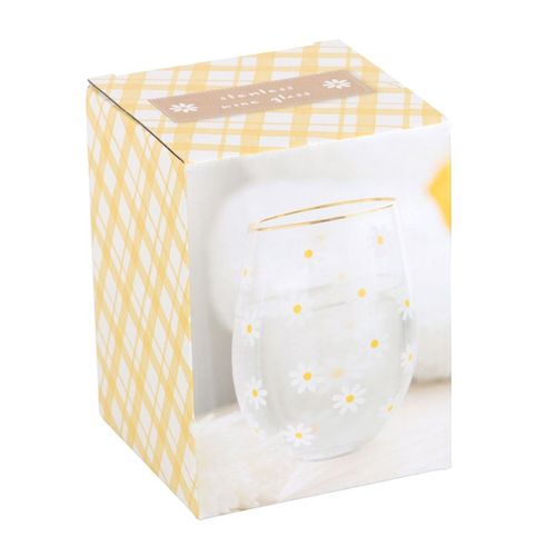 Charming All Over Daisy Print Stemless Wine Glass with gold-tone rim, perfect for springtime gatherings. 500ml capacity.