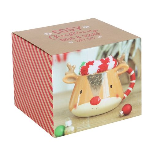 Cozy up this Christmas with the Reindeer Mug and Socks Set, featuring a cute mug and fluffy striped socks.