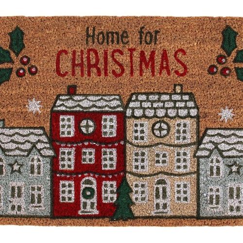 Natural Home For Christmas Doormat featuring a festive village design, perfect for welcoming guests this holiday season.