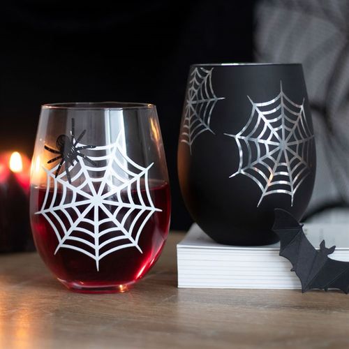 Set of 2 Spider and Web Stemless Wine Glasses featuring intricate designs, perfect for Halloween celebrations.