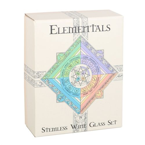 Set of 4 Elemental Stemless Wine Glasses by Anne Stokes, beautifully boxed showcasing four elemental designs.