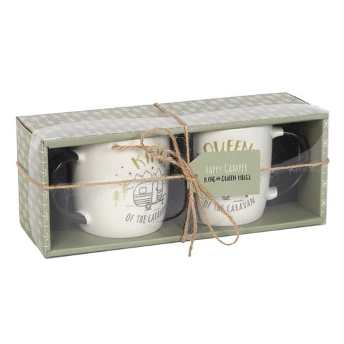 Matching King and Queen Couples Caravan Mug Set in a gift box, perfect for caravanning partners on the road.