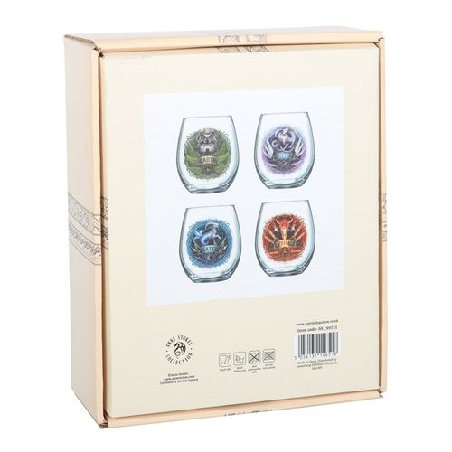 Set of 4 Elemental Stemless Wine Glasses by Anne Stokes, beautifully designed showcasing Earth, Air, Wind, and Fire.