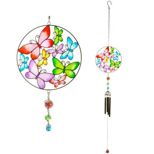 Brightly coloured Circle Butterfly Windchime, handcrafted for indoor and outdoor display, ethically sourced.