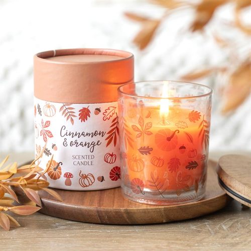 Cinnamon & Orange candle with autumn leaf design, perfect for celebrating the season's warm, fragrant vibes. Autumn Leaves Cinnamon.