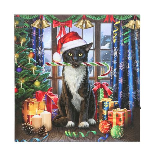 Festive Krampuss Light Up LED Canvas Plaque by Lisa Parker, featuring a cat with candy cane and holiday decor.