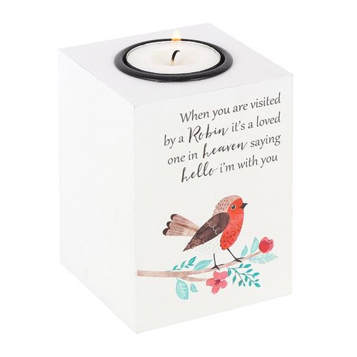 Visited by a Robin Tealight Holder features a sweet robin design with a heartfelt message, perfect for uplifting gifts.