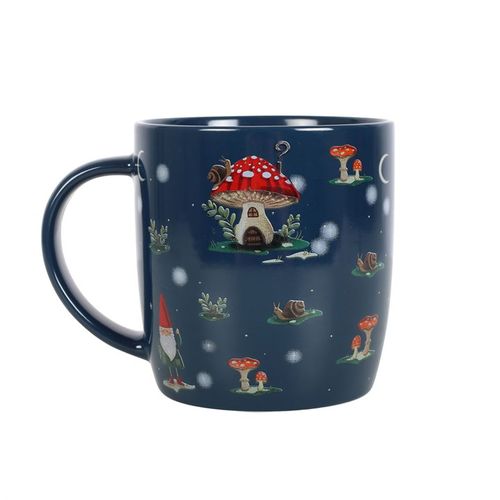 Gnome Sweet Gnome Print Mug with charming gnome and mushroom illustrations in a magical winter forest design.