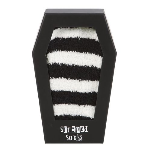 Fluffy black and white Striped Socks in Coffin Gift Box, perfect for emo gifts and unique stocking stuffers.