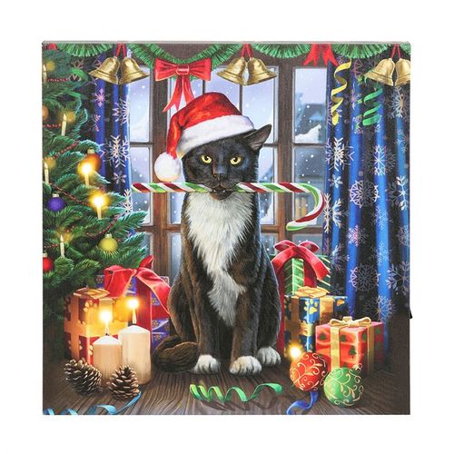Festive Krampuss Light Up LED Canvas Plaque by Lisa Parker features a cat in a Santa hat with vibrant Christmas decor.