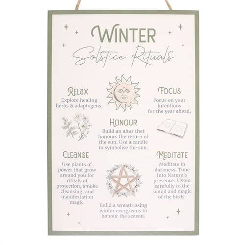 30cm Winter Solstice Rituals MDF Hanging Sign showcasing traditional rituals to celebrate the returning of light.