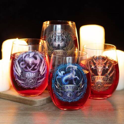 Set of 4 Elemental Stemless Wine Glasses by Anne Stokes showcase vibrant designs representing Earth, Air, Fire, and Water.