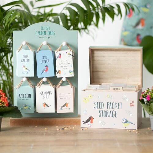 British Garden Birds Seed Packet Storage Box with charming bird illustrations, perfect for organising garden seeds.