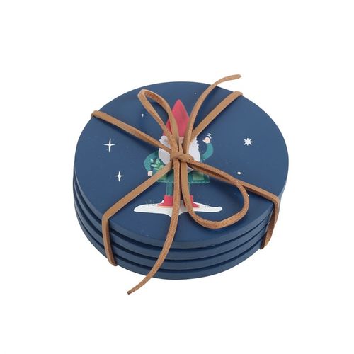Gnome Sweet Gnome Coaster Set features whimsical navy coasters adorned with gnomes, mushrooms, and snails for winter charm.