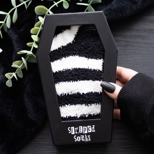 Fluffy black and white Striped Socks in Coffin Gift Box, perfect for emo aesthetics and thoughtful gifting.