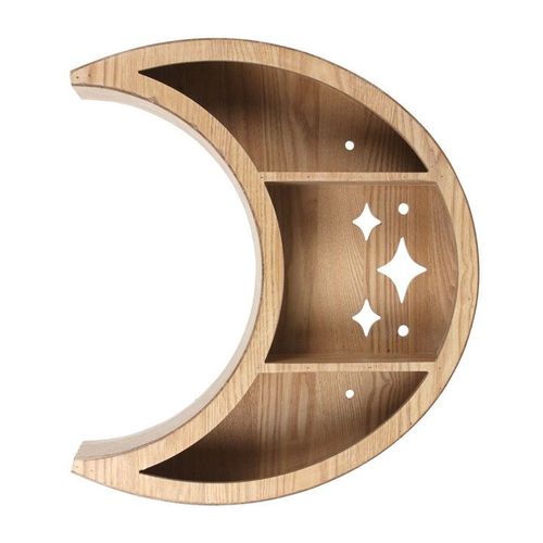 Wooden Crescent Moon Wall Shelf featuring cut-out sparkle designs, perfect for displaying crystals and plants.