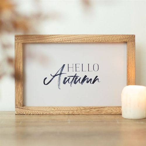 Hello Autumn Wooden Frame Sign featuring elegant text in a light wooden frame, perfect for autumn home decor.