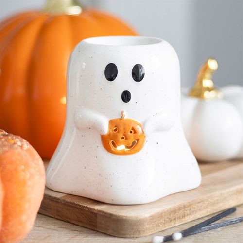 Charming Ghost Shaped Oil Burner and Wax Warmer with Pumpkin, perfect for enhancing home decor this season.