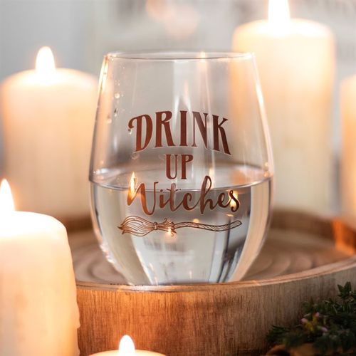 Drink Up Witches Stemless Glass - Whimsical broom illustration, perfect for coven nights or girls' night.