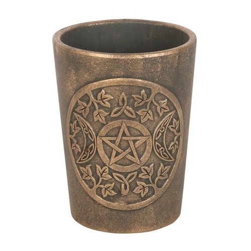 Triple Moon Bronze Terracotta Plant Pot by Lisa Parker, featuring intricate moon designs and a rustic finish.