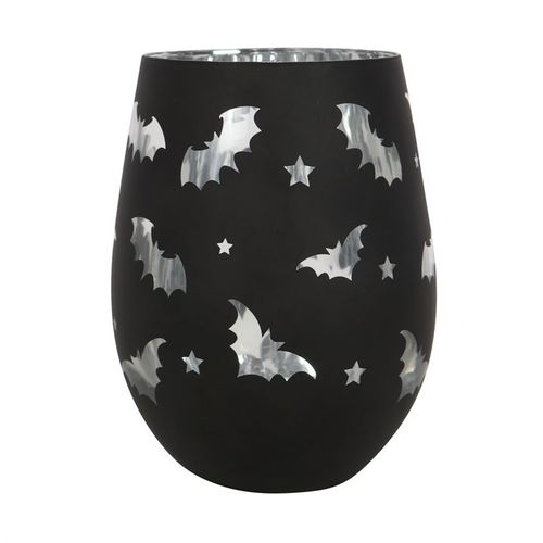Bat Stemless Wine Glass featuring silver bat designs on black glass, a spooktacular party essential.