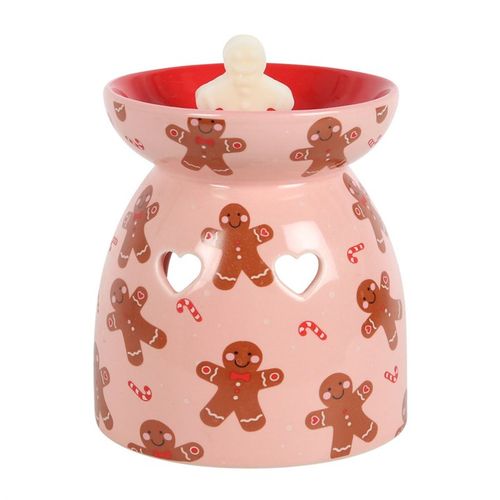 Festive Gingerbread Wax Melt Burner Gift Set features a smiling gingerbread man and candy cane accents for a joyful home fragrance.