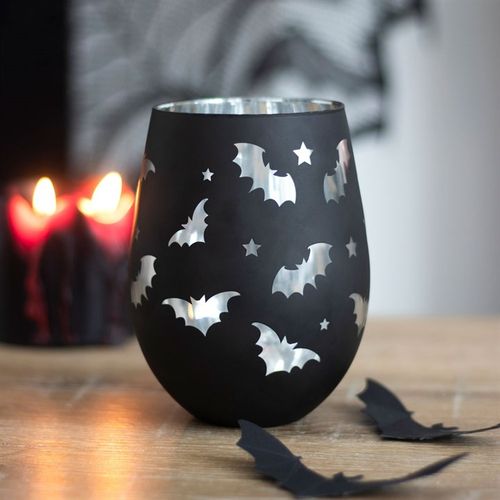 Bat Stemless Wine Glass featuring silver bat silhouettes on a black body, ideal for Halloween gatherings.