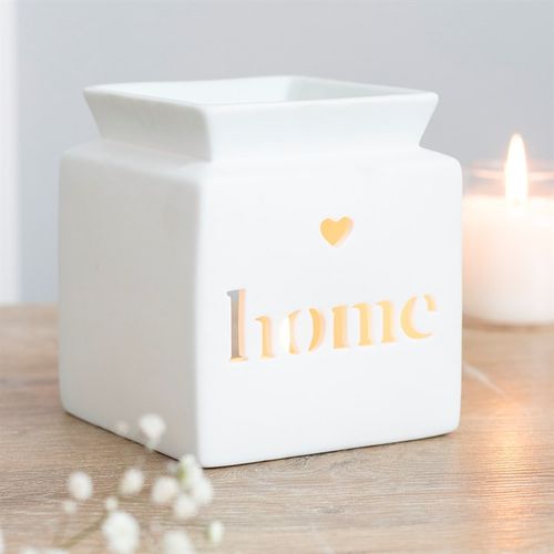 White Home Cut Out Oil Burner in white ceramic, featuring a heart cutout and 'home' text for calming fragrances.