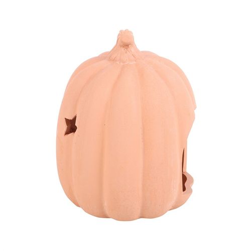 9cm Terracotta Pumpkin Tealight Holder with star cut-outs, perfect for autumn and Halloween decor.