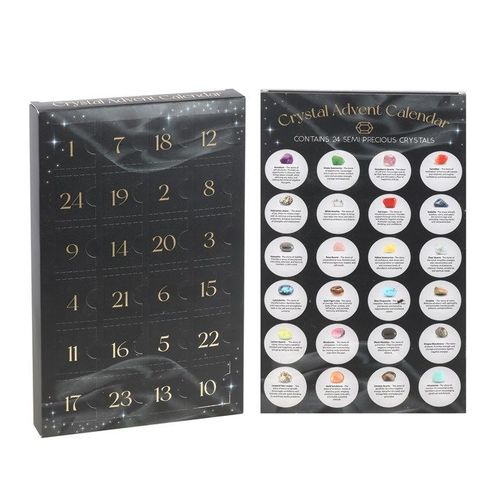 Mystical 24-Day Crystal Advent Calendar featuring 24 tumbled gemstones for spiritual healing and wellbeing.