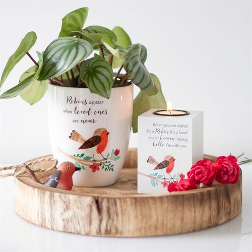 Visited by a Robin Tealight Holder, featuring a comforting robin illustration and uplifting message, perfect for gifts.