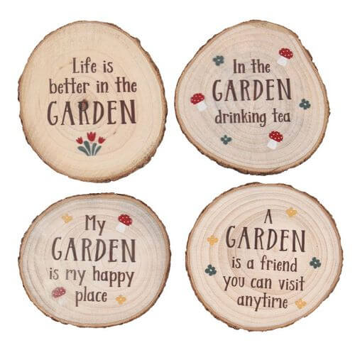 Garden Wood Slice Coaster Set featuring delightful garden quotes, ideal for summerhouses or gifting to gardening lovers.