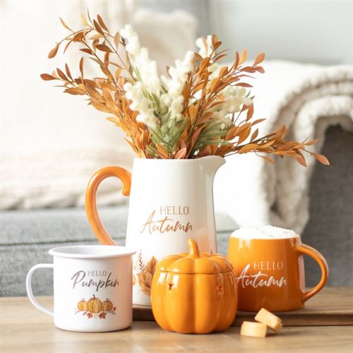 17cm Hello Autumn Ceramic Flower Jug with a leaf design, ideal for showcasing autumn flowers in style. Perfect for seasonal decor.