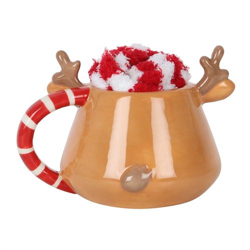 Reindeer Mug and Socks Set featuring a charming mug and fluffy red-and-white striped socks, perfect for cosy Christmas moments.