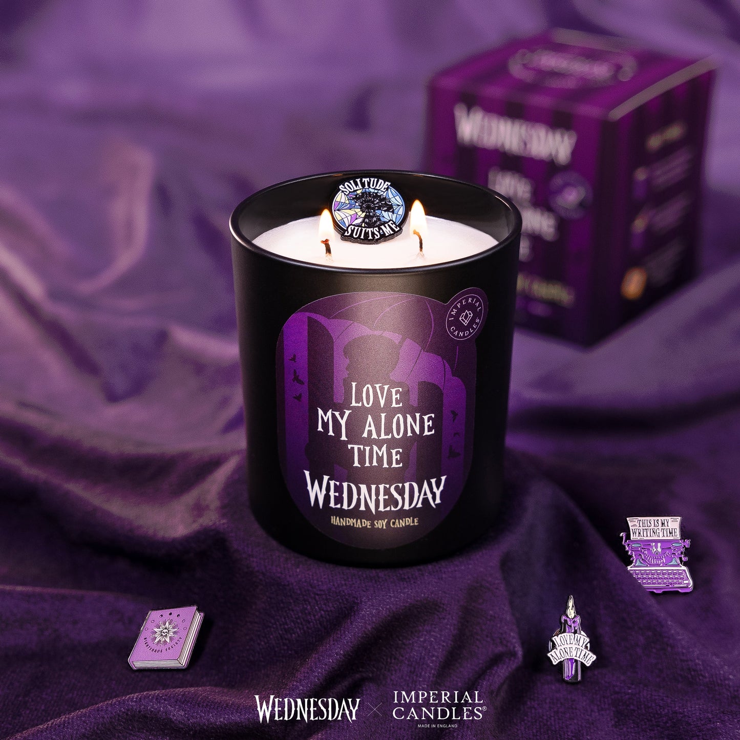 Imperial Candles - Love My Alone Time features a handmade scented candle with a surprise enamel pin design.