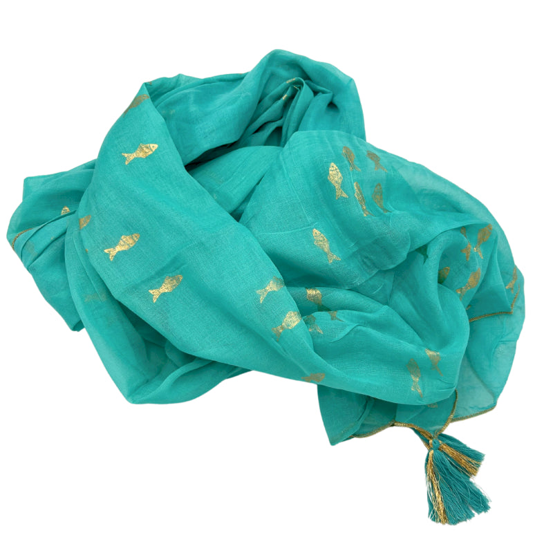 Vibrant turquoise pareo from the Nomad Sari On the Med Collection - Pareo - Choose your design, featuring golden fish motifs.