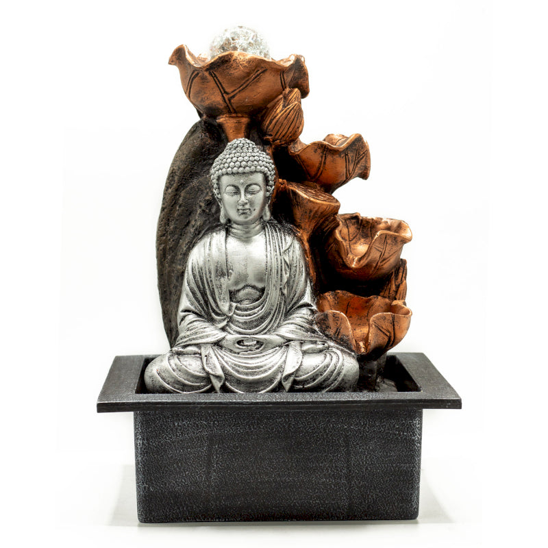 Elegant Tabletop Water Feature - 35cm - Silver Buddha Cascade with crystal ball, perfect for Zen home décor.