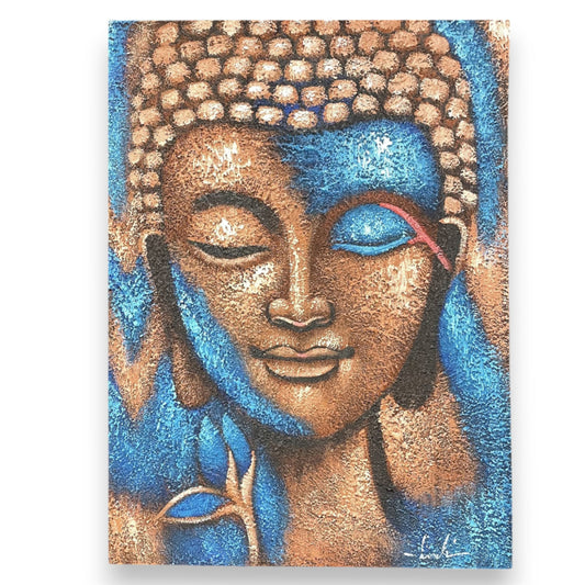 Buddha Painting - Bronze serenity artwork: Buddha head in bronze and blue tones.