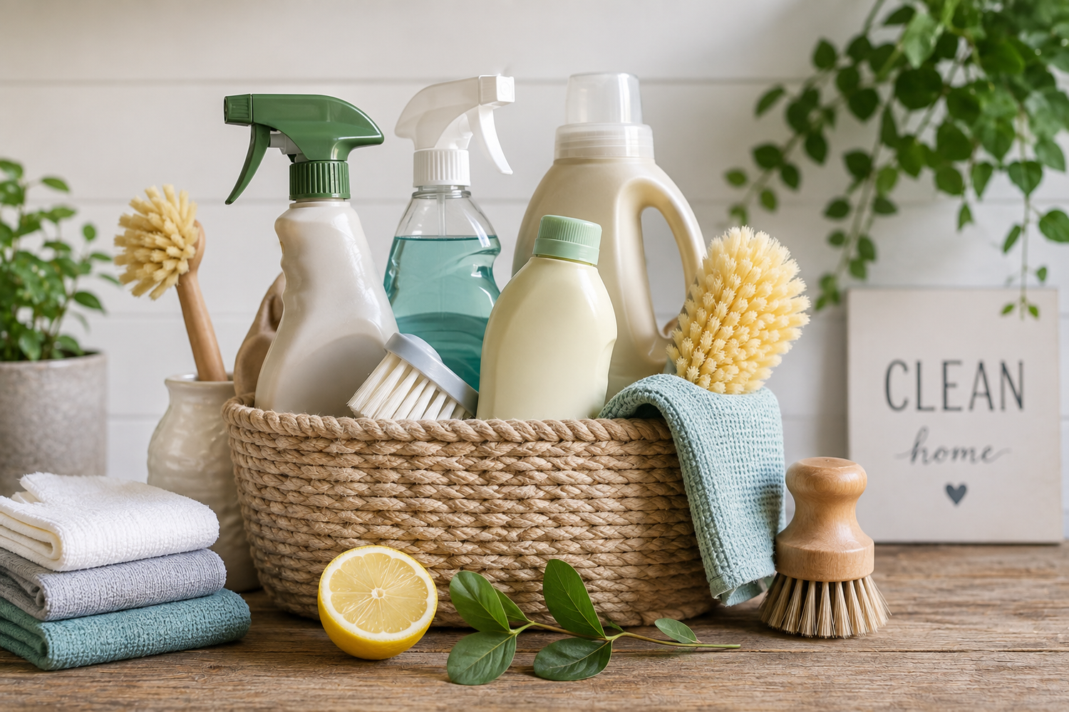 Cleaning products and home essentials collection featuring eco-friendly cleaning supplies, brushes, cloths and household cleaning accessories from Kate's Treasures15.